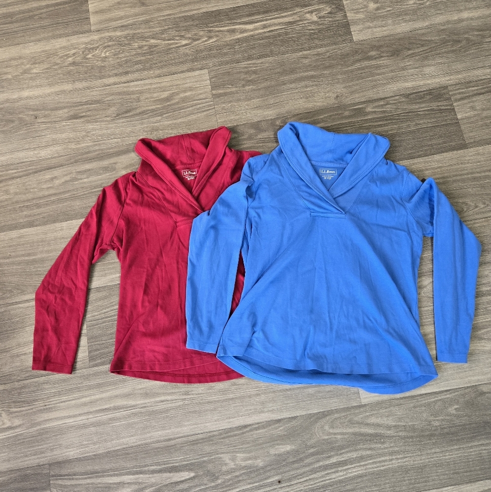 Lot Of 2 Womens LL Bean Long Sleeve Blue And Red Top Cowl V-Neck Size M